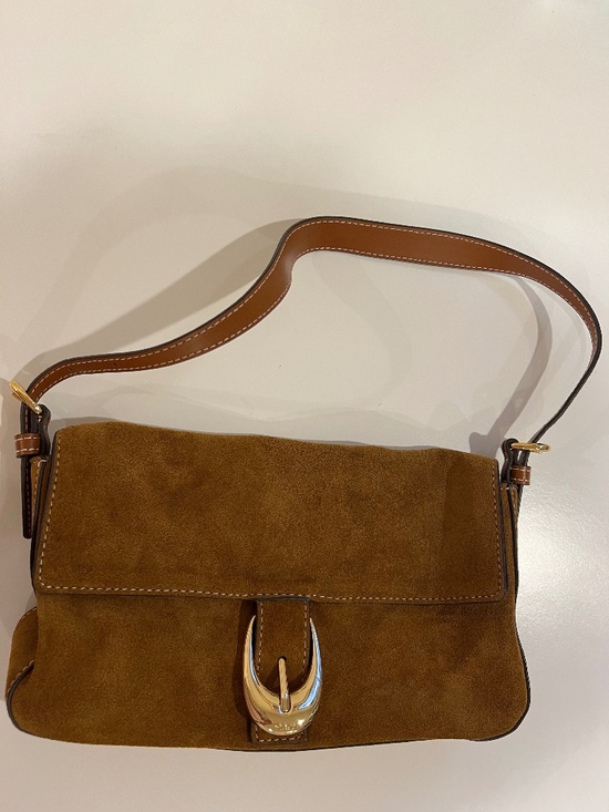 STAUD Handbags - STAUD Harlow Buckle Shoulder Bag Tan Suede Gold Hardware Flap Purse